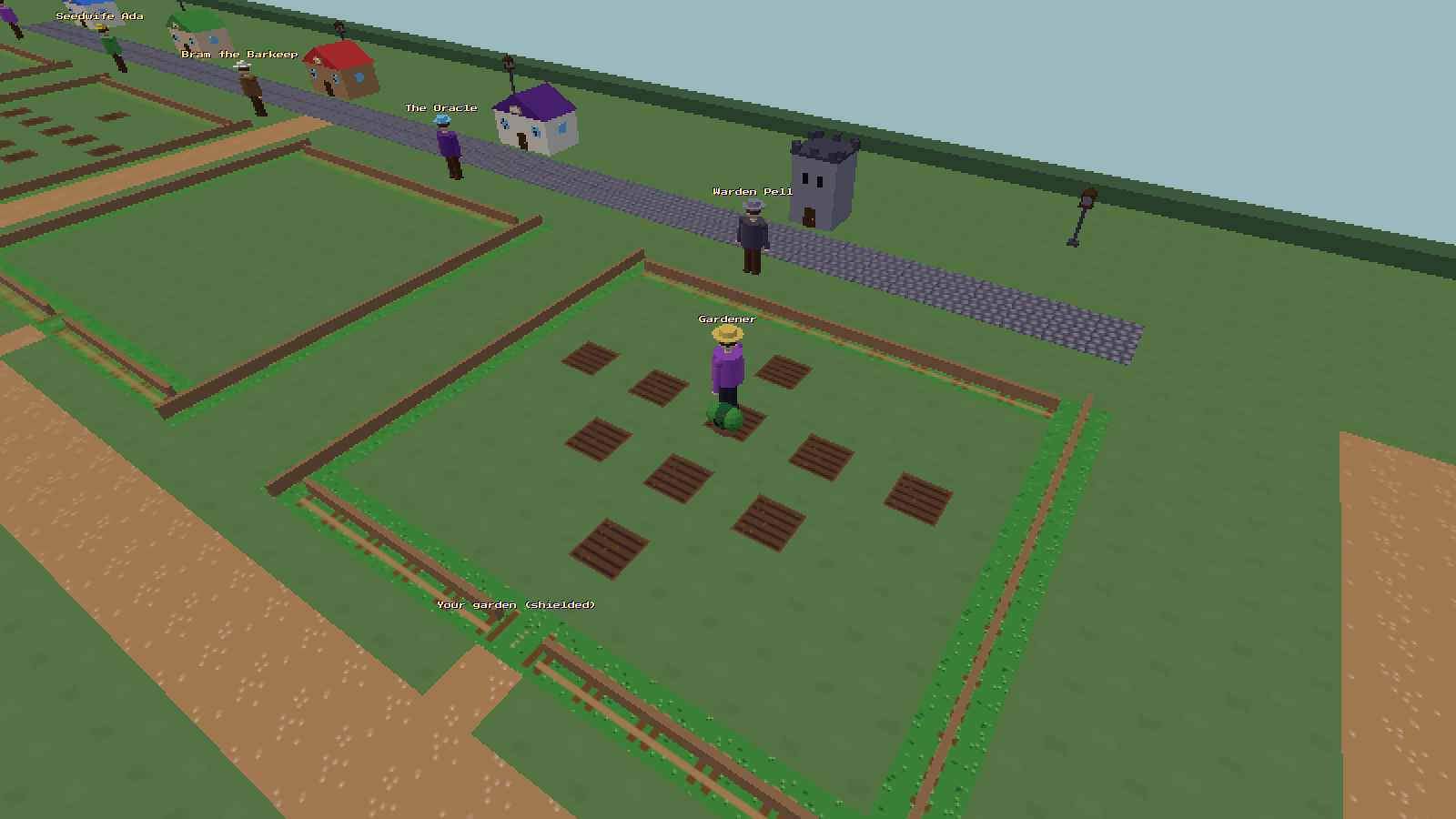 A garden in Sprig & Spade, with the plaza behind it